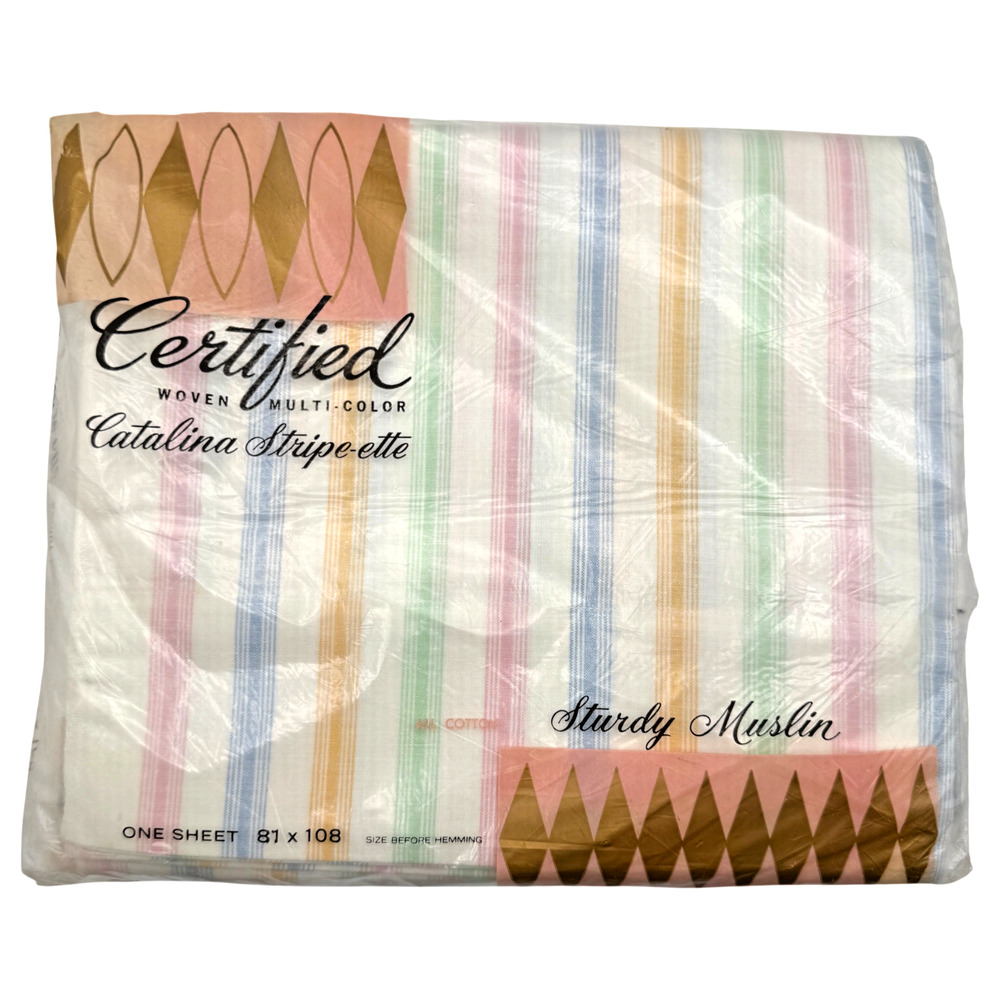 Vintage Sturdy Muslin DOUBLE Flat Sheet Catalina Striped Multicolor Retro READ